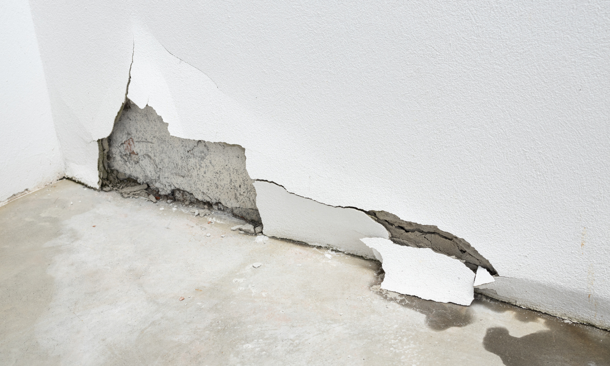 Concrete water damaged floor and white plastered wall cracks and chip at intersection